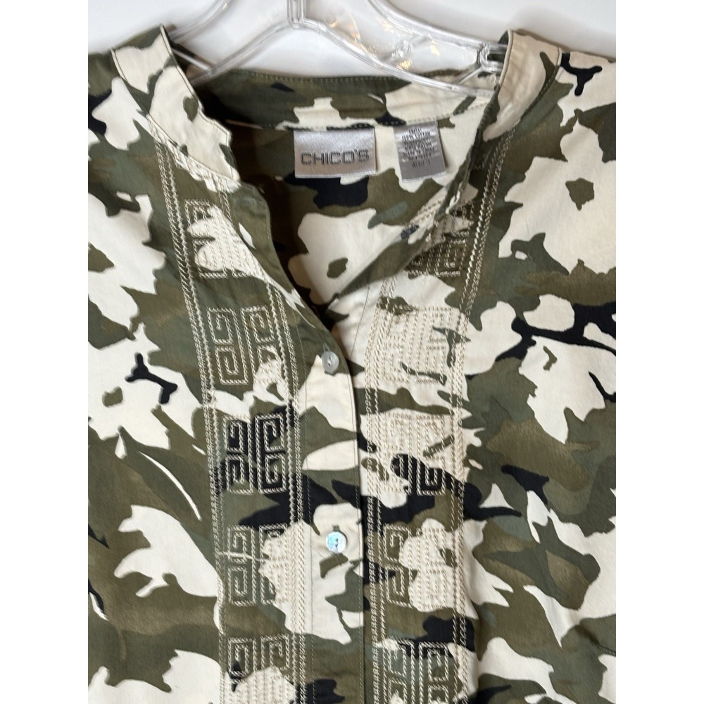 CHICO'S Size 2 (M) Camo Print Cotton Women's Blouse Shirt Top Embroidered - Picture 5 of 12